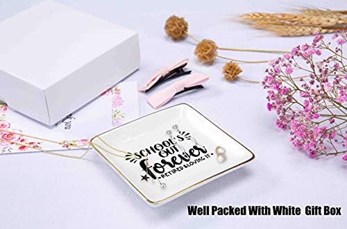 Topthink Teacher Retirement Appreciation Gifts-Ceramic Jewelry Holder Ring Dish Trinket Tray-Teachers Colleague Farewell,Leaving, Going Away,Good Bye Presents-School Out Forever Retired and Loving It - Image 2