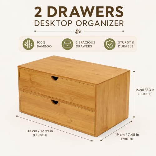 Bamboo Desk Organizer with 2 Drawers, Natural Wood Tabletop Storage Box | No-Assembly Countertop Drawer for Office Home Makeup Jewelry Stationery - Image 2