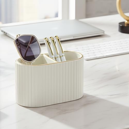 KINGFOM PU Leather Desk Organizer Pen Holder – Dual-Compartment Stylish Pencil Cup Remote Control Holder Desktop Supplies and Accessories Organizer Caddy for Office Home School (Light Beige) - Image 5