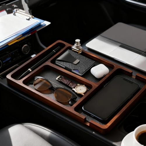 Wooden Valet Tray with Leather Inlay, Office Desk Organizer Tray, Nightstand Storage Tray, Multi-Purpose EDC Jewelry Storage Tray for Keys, Wallet, Watch, Phone & Earbuds (wood) - Image 5