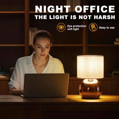 Modern Rose Gold Table Lamp, Small Bedside Nightstand Light, 6.2X6.2X10.4 Inch, with Linen Shade and Included LED Bulb, for Bedroom Living Room - Image 3