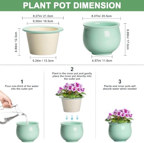 8 Inch Self Watering Planter, Ceramic Plant Pots, Mint Green - Image 2