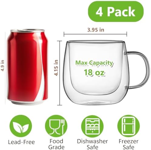 4 Pack Double Walled Glass Coffee Mugs, 16 oz Large Insulated Clear Coffee Cups with Handle, Cappuccino Mug for Espresso, Latte, Americano, Tea Bag, Beverage, Heat & Cold Resistant - Image 2