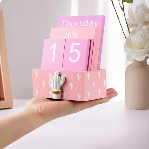 Notakia Perpetual Calendar Wooden Blocks Vintage Wood Block Calendar for Home Office Desk Accessories Week Month Date Display (Pink Calendar) - Image 4