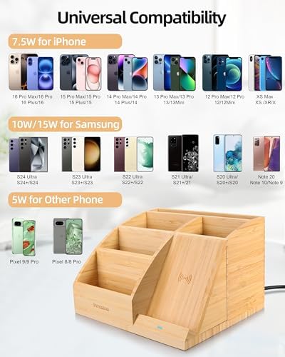 Bamboo Pen Holder with Wireless Charger, Desk Organizer 5 Compartments - Image 4