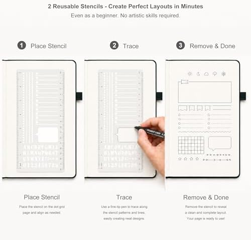 &And Per Se Dotted Journal Notebook 3 Pack, A5 Hardcover with Journal Dotted Pages, Stencils & Pens, 176 Numbered Pages Each for Students Teachers Office (Black) - Image 4