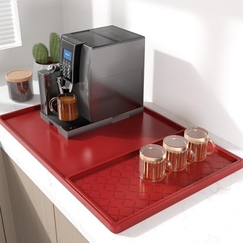 Rnivvi Silicone Coffee Mat, 16" x 24" Waterproof Raised Edge Coffee Bar Mats for Espresso Machine Station Accessories, Heat Resistant Detachable Dish Drying Pad for Kitchen Counter, Dish Rack, Red by Rnivvi