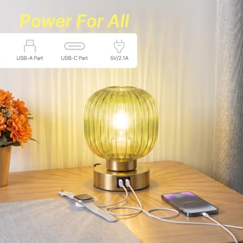 Elenhome Touch Small Table Lamp,Elegant Green Glass Bedside Lamp 3 Way Dimmable with USB C+A Charging Ports - Bedroom Nightstand & Living Room Essential, 4W Bulb Included (Green) - Image 3
