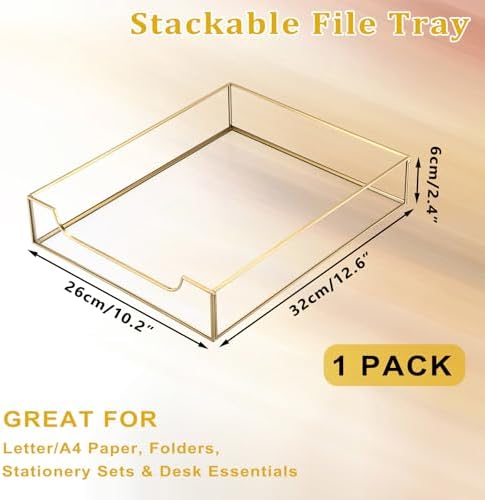 BTSKY 1 Pack Golden Glass Desk Tray, Multi-Purpose Organizer for A4 Paper, Documents, Desk Supplies, Makeup, Clear File Tray with Metal Frame, Stackable Decorative Storage for Home Office Vanity - Image 3