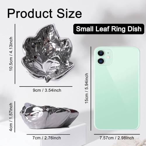 3.5' Silvery Cute Leaves Ceramic Jewelry Tray for Dressing Table - Image 2