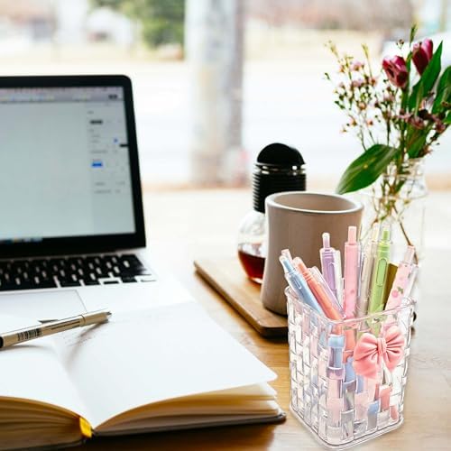 Pen Holder for Desk Cute Acrylic Makeup Brush Holder, Woven Texture with Bow Decor, Desk Stationery Desktop Caddy Cosmetic Accessories for Office, Home, School, Kitchen - Clear White - Image 2