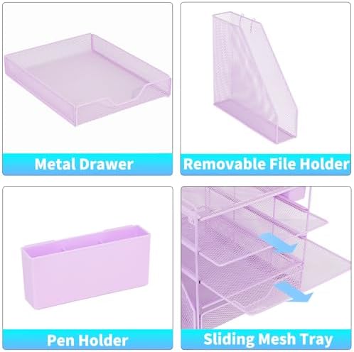 5-Tier Desk File Organizer with Drawer & Pen Holder (Purple) - Image 3
