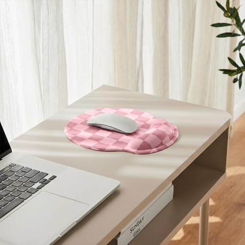 Ohocut Coral Pink Checkered Mouse Pad with Gel Wrist Rest, Wrist Support, Ergonomic Desk Accessories for Women, Office Laptop Gaming Decor, Cute Aesthetic Check Design - Image 6