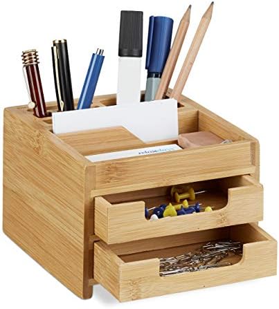 Relaxdays Bamboo Desk Organiser, Pen Holder, Desk Box Drawers, H x W x D: 9.5 x 12.5 x 15 cm, Natural by Relaxdays