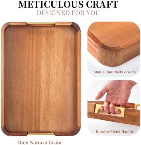 GinSent Wooden Serving Tray with Handles,Wooden Trays for Kitchen Counter Decorative Trays Wood Tray Coffee Table Tray for Living Room House Decor 16.7-INCH with 1.2cm Thickness Wood - Image 5
