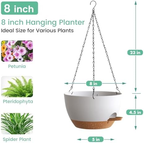 UOUZ 4 Pack 8 Inch Self Watering Hanging Planters for Indoor Outdoor Plants，Hanging Pots for Plants with Drainage Removable Tray, Hanging Baskets Flower Pots for Pothos Garden Porch White with Brown - Image 3
