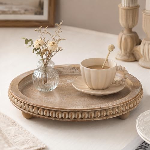 Round Decorative Tray for Coffee Table, Natural Wood Beaded Tray with Detachable Legs, 11.87" Farmhouse Rustic Serving Tray for Living Room, Ottoman, Kitchen Counter, Dining Table Decor - Image 6