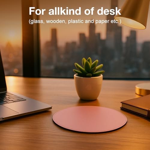 ProElife Round Mouse Pad, PU Leather Pink Desk Mat, Non-Slip Base, 8.66" - Image 6