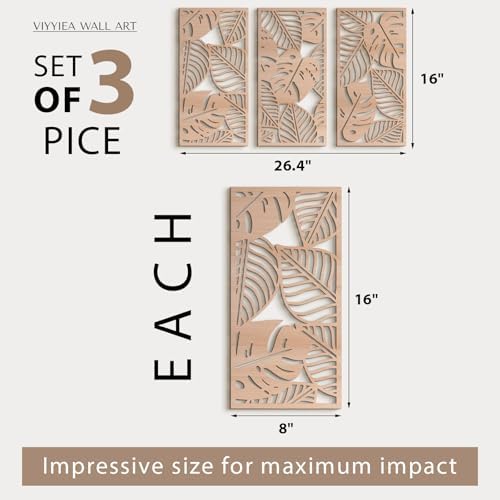 VIYYIEA Boho Solid Wood Carved Wall Art Set of 3, Geometric Minimalist Wooden Home Decor Panels, Handcrafted Solid Wood Wall Hanging for Living Room Bedroom Hallway, 16 x 8 Inch Each (Leaves Oak) - Image 2