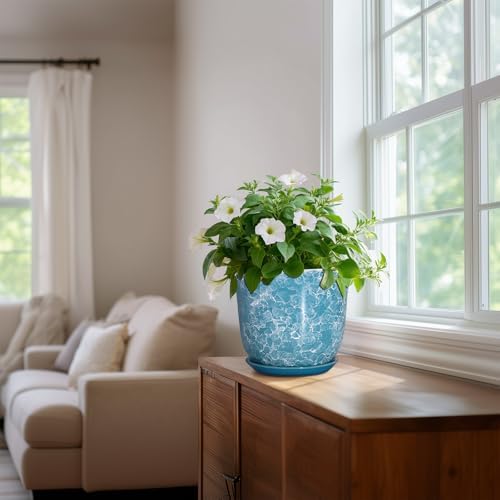 8 Inch Plant Pot - Ceramic Planter with Drainage Hole and Saucer, Round Planter for Indoor Outdoor, Modern Planter, Decorative Flower Pot, Apartment Garden Home Decor, Gardening Gifts, Blue - Image 6