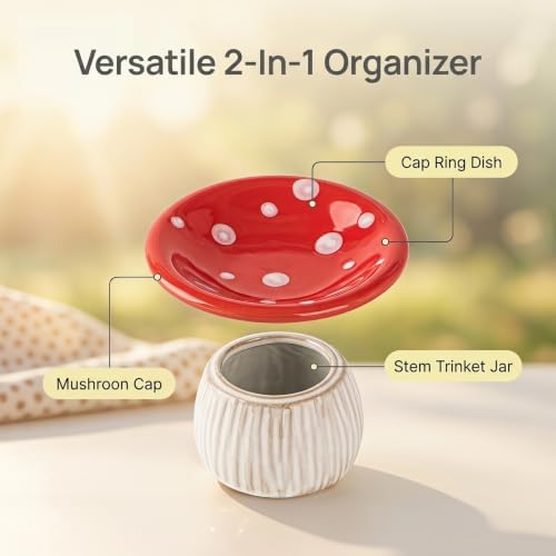 Mushroom Ceramic Jewelry Ring Holder Dish 2-Piece Ring Trinket Storage Jar - Image 3