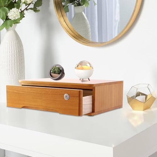 1-Tier Desktop Storage Box with Lockable Drawer, Wooden Desk Organizer for Office Supplies, Flat File Cabinet, Minimalist Design for Home & Office Use(Wooden+Yellow) - Image 5