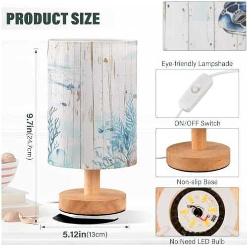 Light Blue Sea Turtle Wooden Background Table Lamp for Bedroom USB Port Lamps Small Accent Table Lamp Nightstand Lamp Study Linen Shade with Wooden Base Lamps for Bedside Reading|Kids|Dorm|Home - Image 4