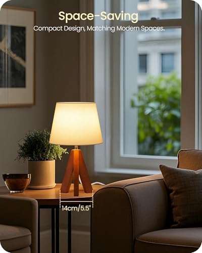 Tripod Table Lamp, Small Bedside Lamp with White Fabric Shade & Dark Wood Base, Modern Nightstand Lamp, Little Cute Desk Lamp for Bedroom, Kids Room, Living Room, Office, Study, LW51TL05 - Image 2