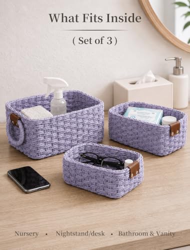 Small Wicker Baskets, 3 PCS Paper Rope Baskets for Shelves, Purple - Image 3