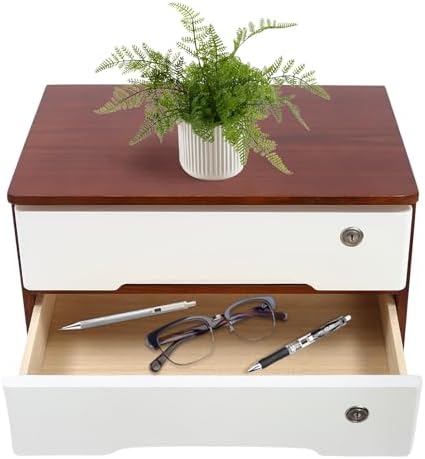 2-Tier Desktop Storage Box with Lockable Drawer, Wooden Desk Organizer for Office Supplies, Flat File Cabinet, Minimalist Design for Home & Office Use(Walnut+White) by Unknown