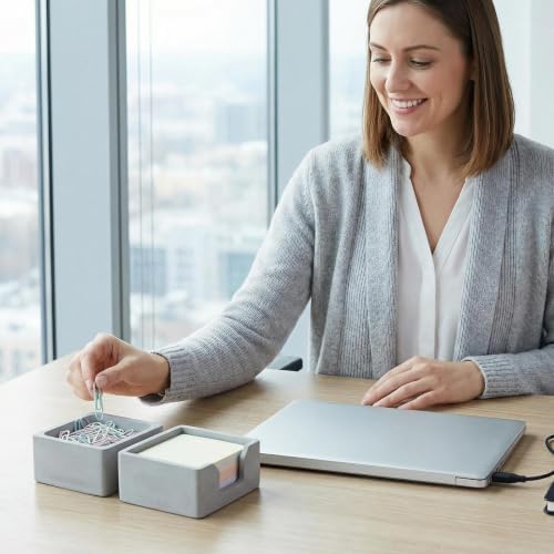 Concrete Desk Organizer Set of 2 - Minimalist Sticky Note Holder & Paper Clip Dispenser - Heavy Duty Office Desk Accessories with Non-Slip Base for Home Workspace Organizer & Desk Decor, Gray - Image 4