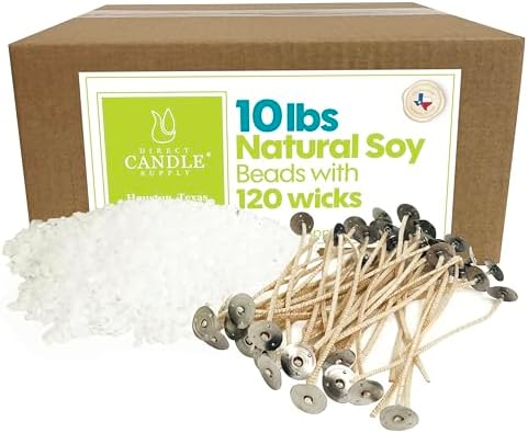 Soy Wax Beads for Candle Making | 10lb Soy Candle Wax Pastilles + 120 Wicks | Smooth Blend for High Load Fragrance Formulation |Candle Making Supplies by DirectCandleSupply