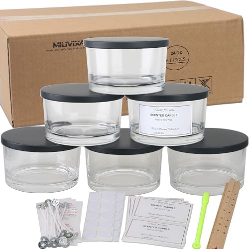 MILIVIXAY 6 Pack 24 oz Candle Jars with Metal Lids and Candle Making Kits - 3 Wick Candle Jar,Bulk Empty Clear Thick Glass Jars for Making Large Candles - Spice, Powder Containers. by MILIVIXAY