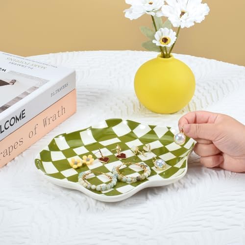 Koythin Green Plaid Ceramic Jewelry Tray, Vanity Ring Earring Trinket Dish - Image 5
