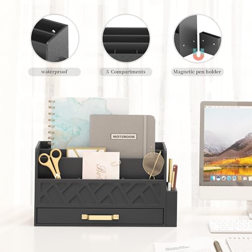Wisuce Bamboo Mail Organizer Countertop with Drawer and Pen Holder, Black - Image 4