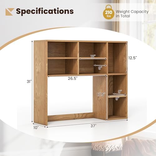 Giantex Desktop Bookshelf, Desk Hutch Dorm w/ 7 Cubes & 3 Adjustable Shelves, Desk Shelf for Up to 27" Computer Monitors, Wooden Desktop Storage Organizer for Dorm College Office Homem, Natural - Image 3