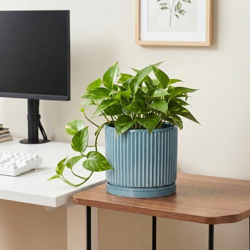8 Inch Planter, Ceramic Pots for Plants with Saucer, Glaze Blue - Image 5