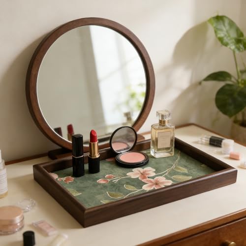 Wooden Valet Tray with Floral Base, Green Vintage Blossoms - Image 4