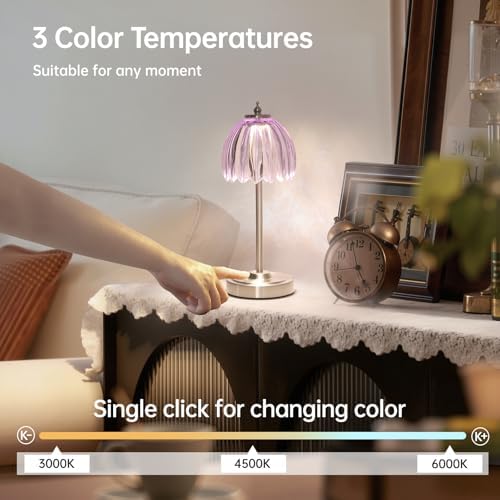Shenmoyl Tulip Table Lamp with 5200mAh Battery & Touch Control, Cordless Small Table Lamp with 3 Colors, Dimmable Rechargeable Table Lamps for Living Room, Bedroom, Desk, Bedside (Clear Purple Tulip) - Image 4