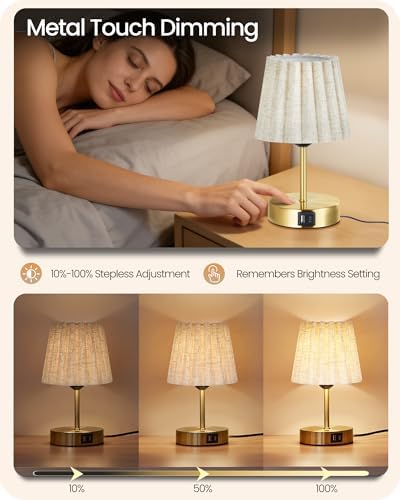Small Bedside Table Lamps Set of 2, Touch Dimmable Table Lamps with USB Ports, Nightstand Lamps with 2 Stepless Dimming LED Bulbs, E26 Base, for Bedroom, Study, Gold and Beige DE16TLP205 - Image 2