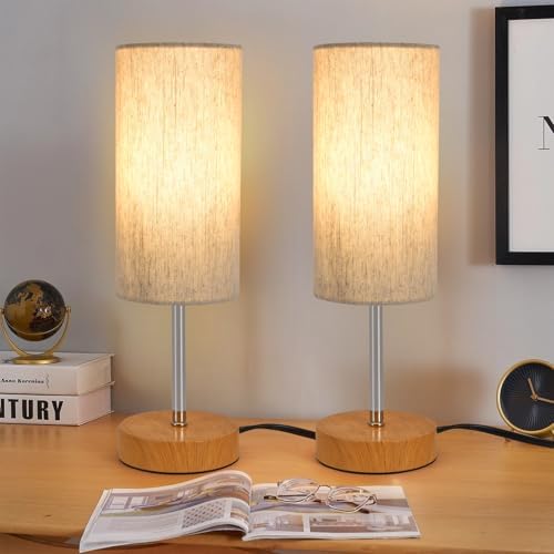 RISLG 2 Pack Small Table Lamps, Bedside Lamps for Nightstand with Wire Switch, Modern Minimalist Desk Lamp with Linen Fabric Shade for Dorm Kids Room Living Room Office Bedroom, Bulb Included by Rislg