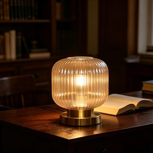 Mid Century Modern Table Lamp, Amber Ribbed Glass Nightstand Light with Gold Base, Vintage Decorative Desk Lamp for Bedroom Living Room Study - Image 6