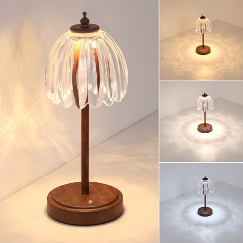 Shenmoyl Tulip Table Lamp with 5200mAh Battery & Touch Control, Small Cordless Table Lamp with 3 Colors, Rechargeable Battery Operated Table Lamps for Bedroom, Desk, Bedside (Transparent-Walnut Color) by Shenmoyl