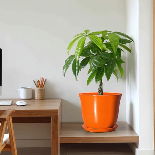 10 Inch Plant Pot - Ceramic Pots for Plants with Drainage Hole and Saucer, Round Planters for Indoor Outdoor Plants, Modern Decorative Planters, Room Home Decor, Gardening Gifts, Orange - Image 7
