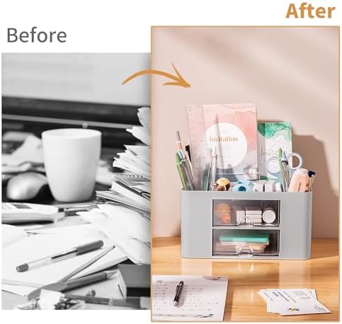 Marbrasse Pen Organizer with 2 Drawer, Multi-Functional Pencil Holder for Desk, Desk Organizers and Accessories with 5 Compartments + Drawer for Office Art Supplies (Grey) - Image 7