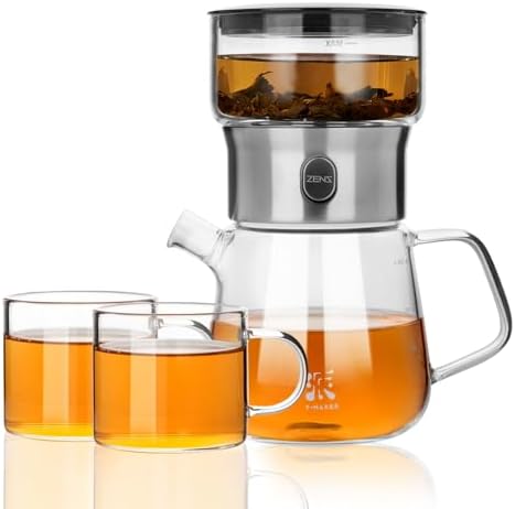 ZENS Modern Glass Infuser Pot Set with 2 Cups, One Touch Loose Tea Maker by ZENSLIFESTYLE