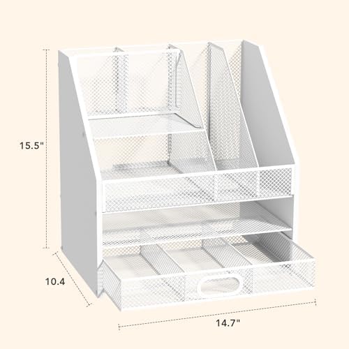 Homsorout Wooden Desk Organizer - Mesh File Organizer with Drawers and Pen Holder - 4-Tier Vertical Paper Letter Storage Tray, Desktop Organizers and Accessories for Home Office （White - Image 4