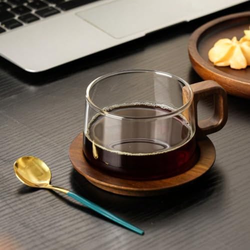 8oz Glass Coffee Mug with Walnut Handle Borosilicate Tea Cup (Smoke) - Image 5