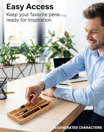 Natural Bamboo 3 Slot Pen Tray, Wooden Pen Holder Desk Organizer for Fountain Pens, Markers, Makeup Brushes, Minimalist Office Desk Storage Tray - Image 3