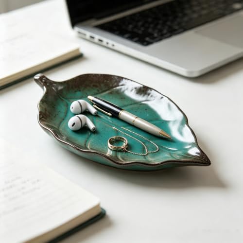 Ceramic Leaf Jewelry Dish,5.9in Jewelry Tray,Ring Holder Dish(Blue) - Image 3